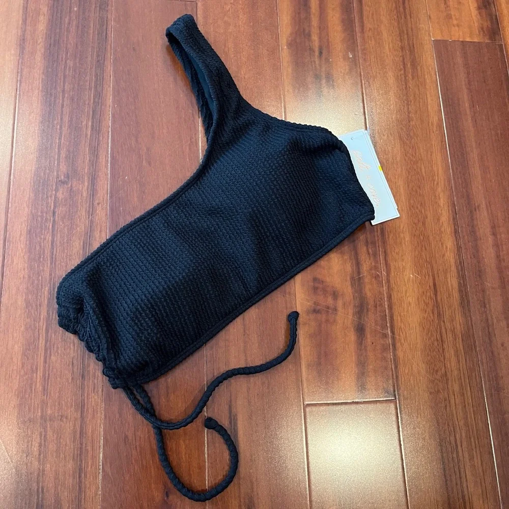 Black One Shoulder Bikini Swim Top Ribbed Textured Salt‎ + Cove New Size Medium